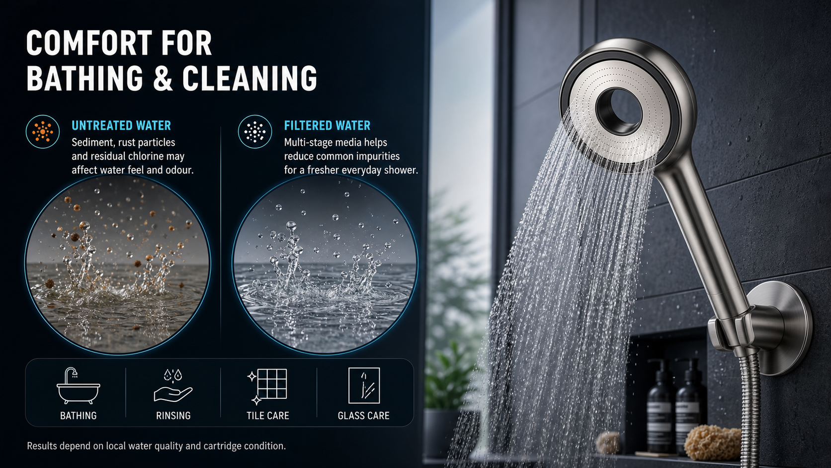 Filtered shower water for bathing rinsing tile care and glass care