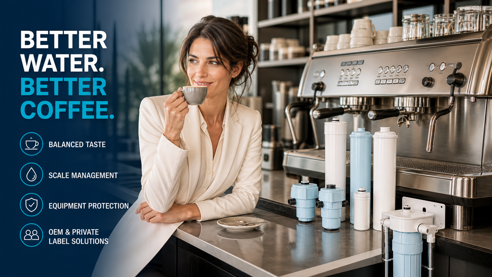 Italian coffee professional with espresso machine and coffee water filtration cartridges