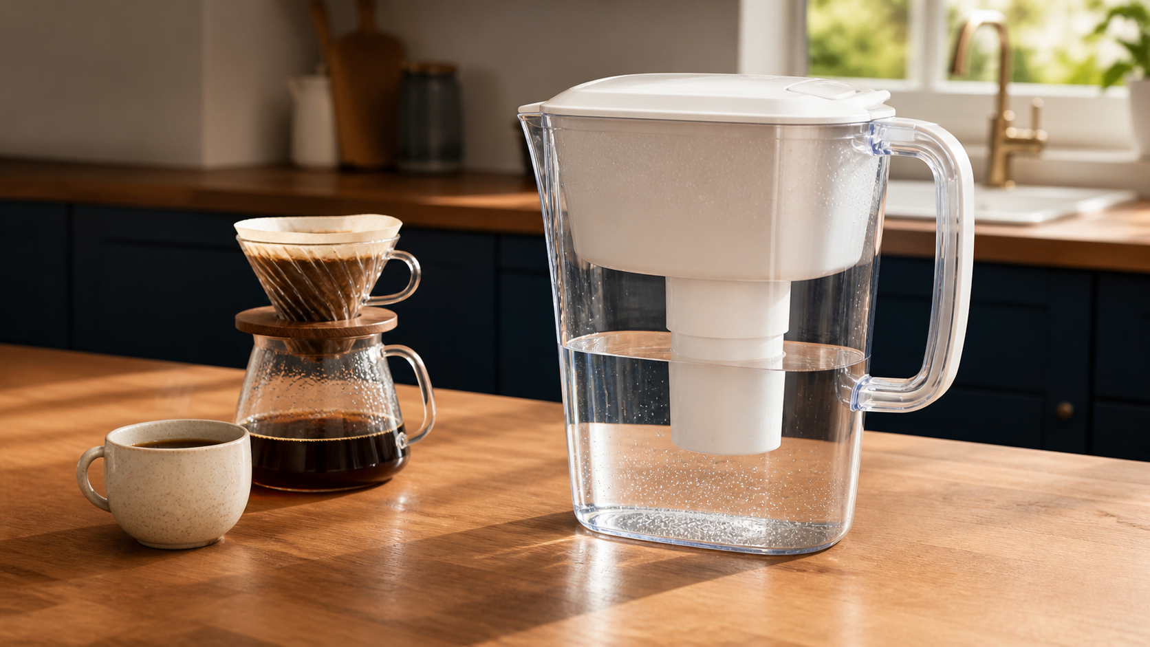Filtered water pitcher beside pour-over coffee equipment