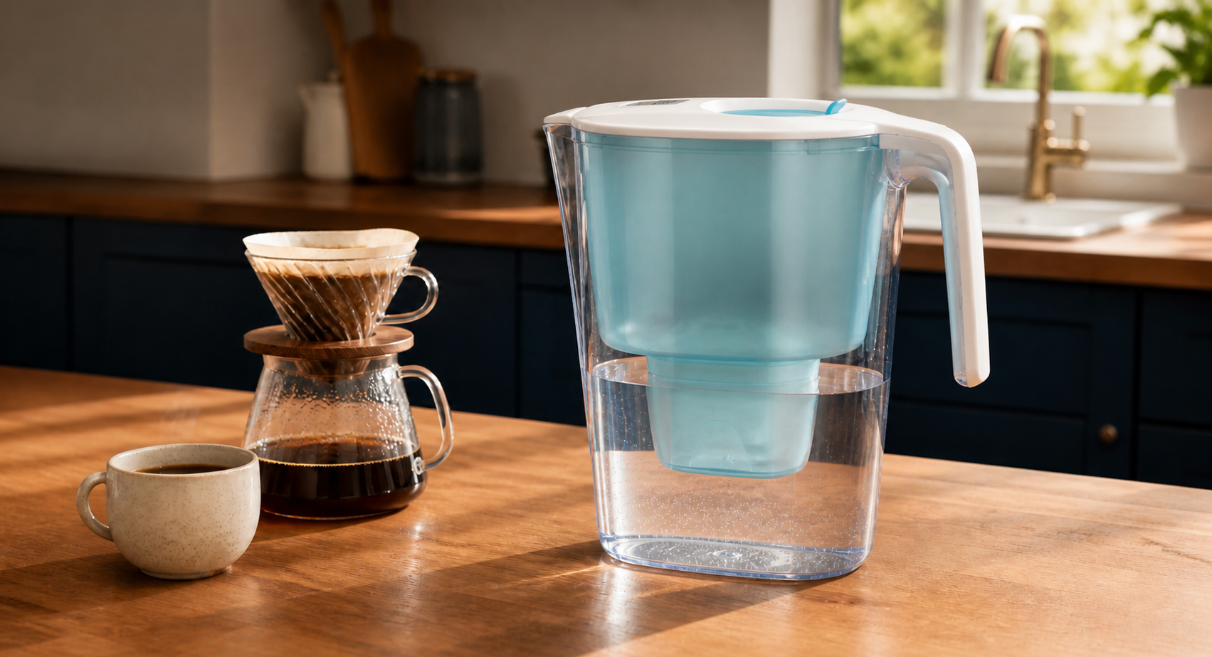 Light-cyan water purifier pitcher with pour-over coffee in a modern kitchen