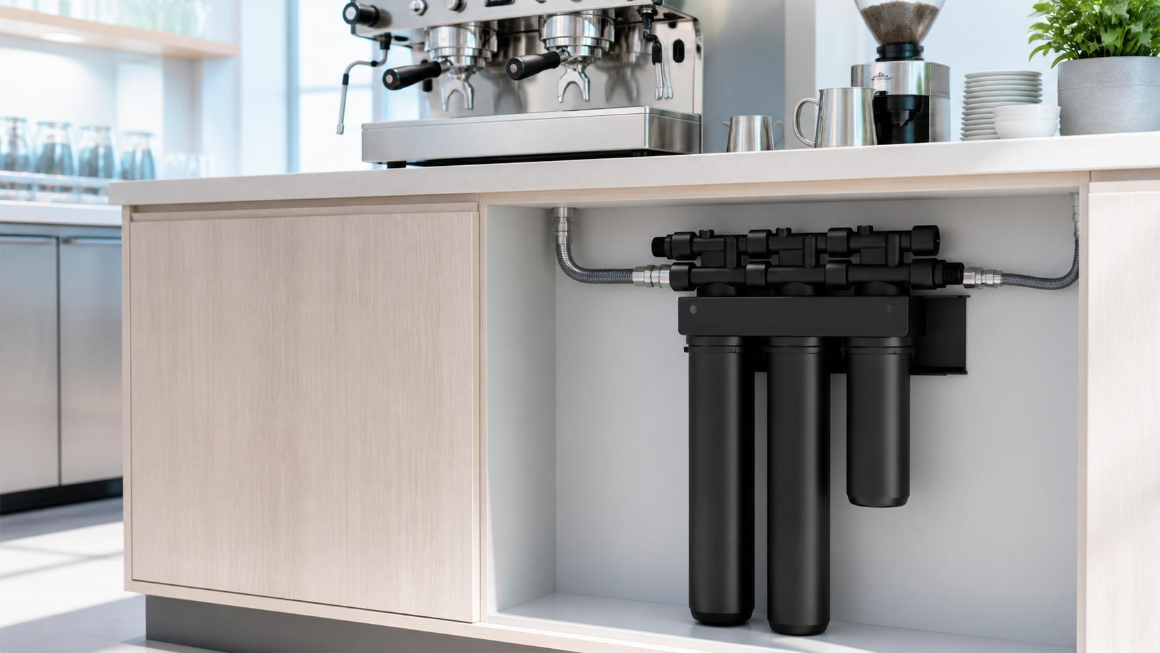 Modular custom filter cartridge system installed beneath a commercial coffee counter