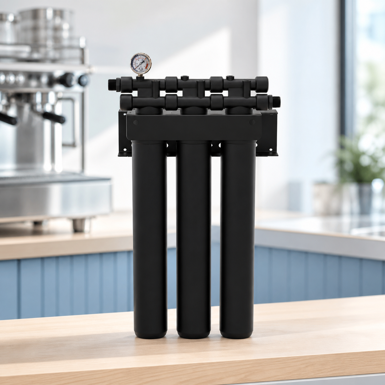Three-stage modular filter system with pressure gauge