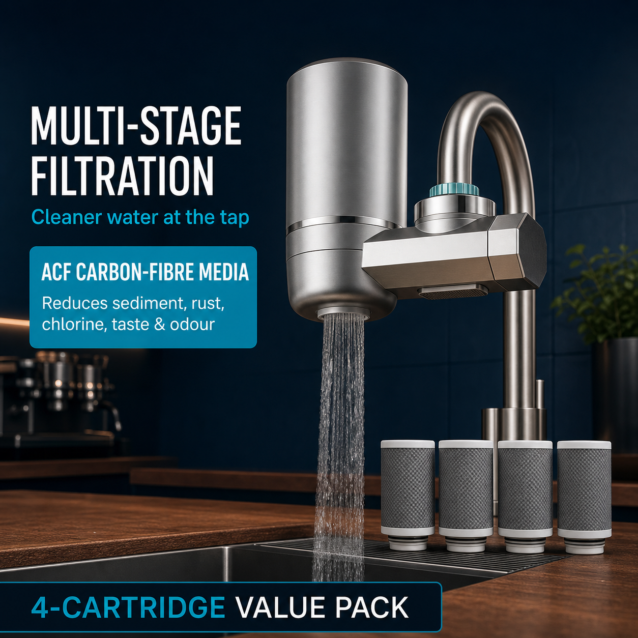 Honlly Hydro ACF carbon-fibre faucet filter and four-cartridge pack