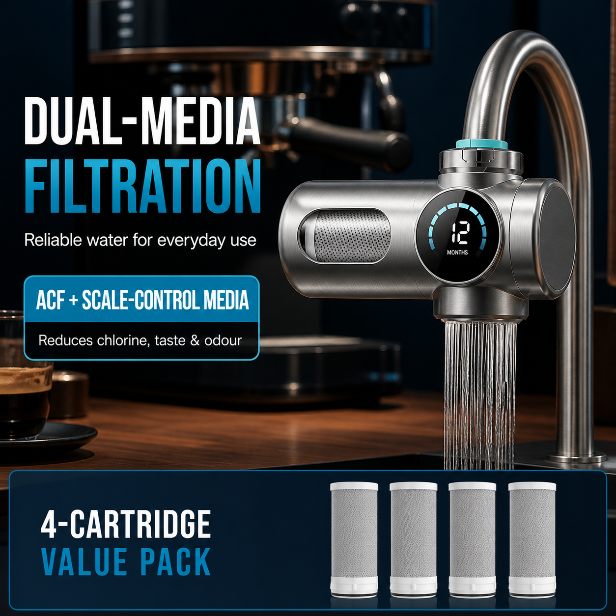Honlly Hydro dual-media faucet filtration and four-cartridge pack