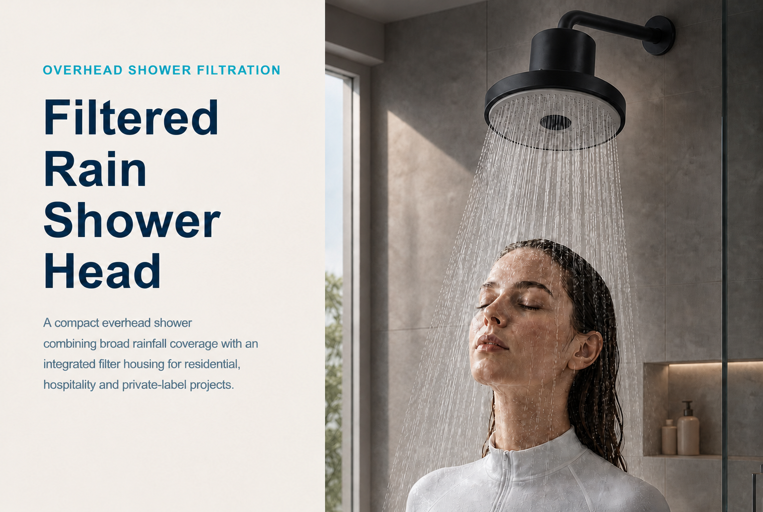 Filtered rain shower head in a modern bathroom