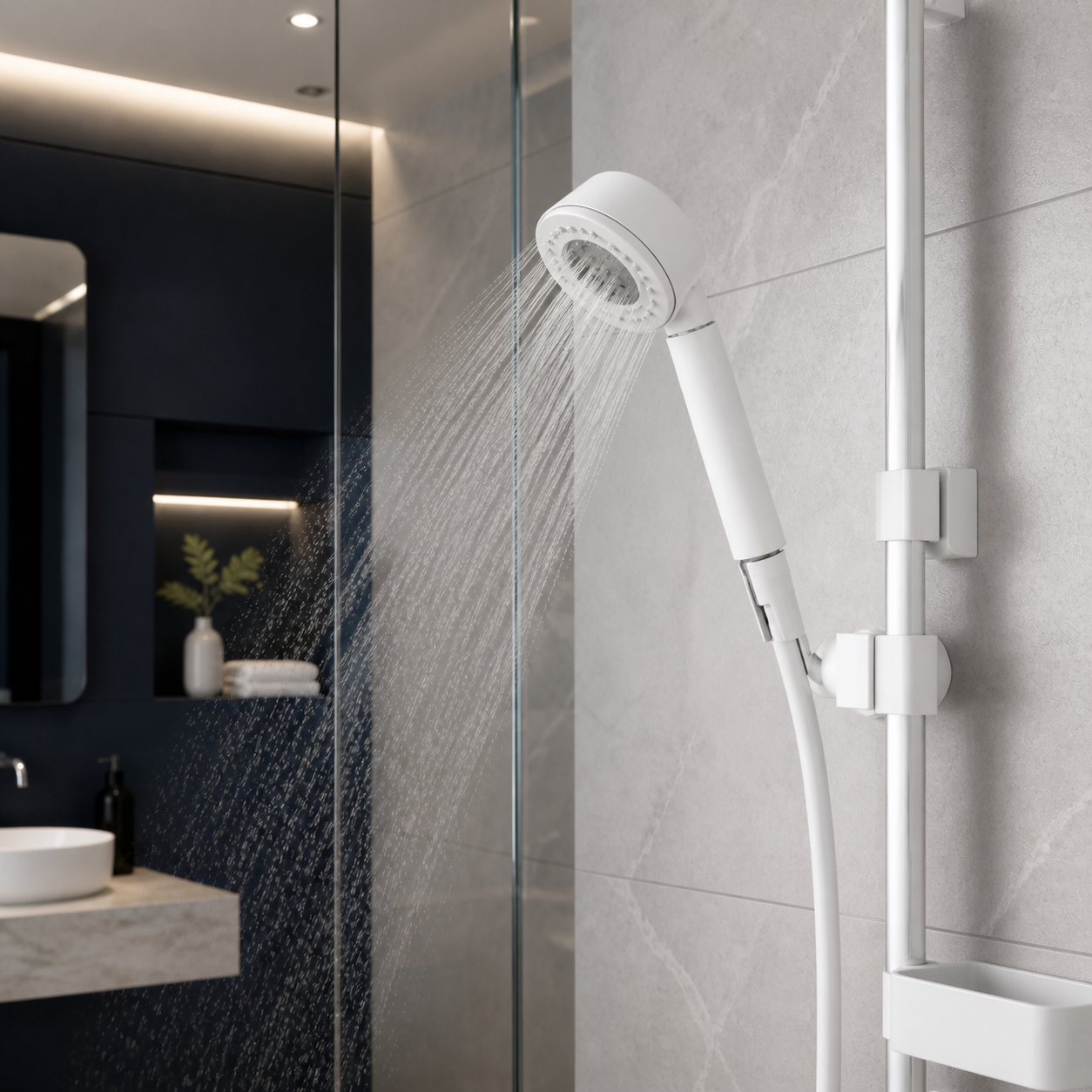 Filtered shower solution with white handheld shower head