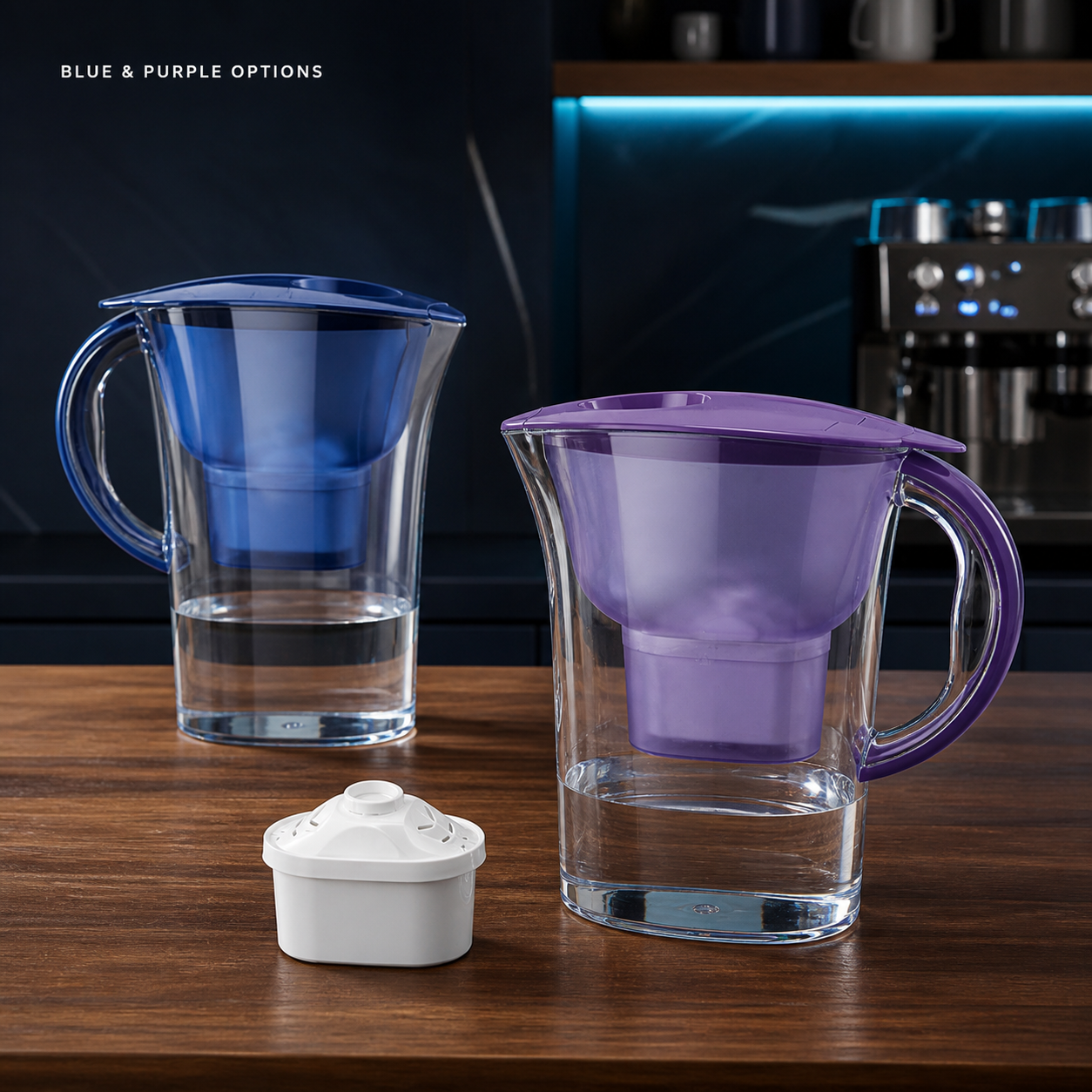 Blue and purple water purifier pitcher options