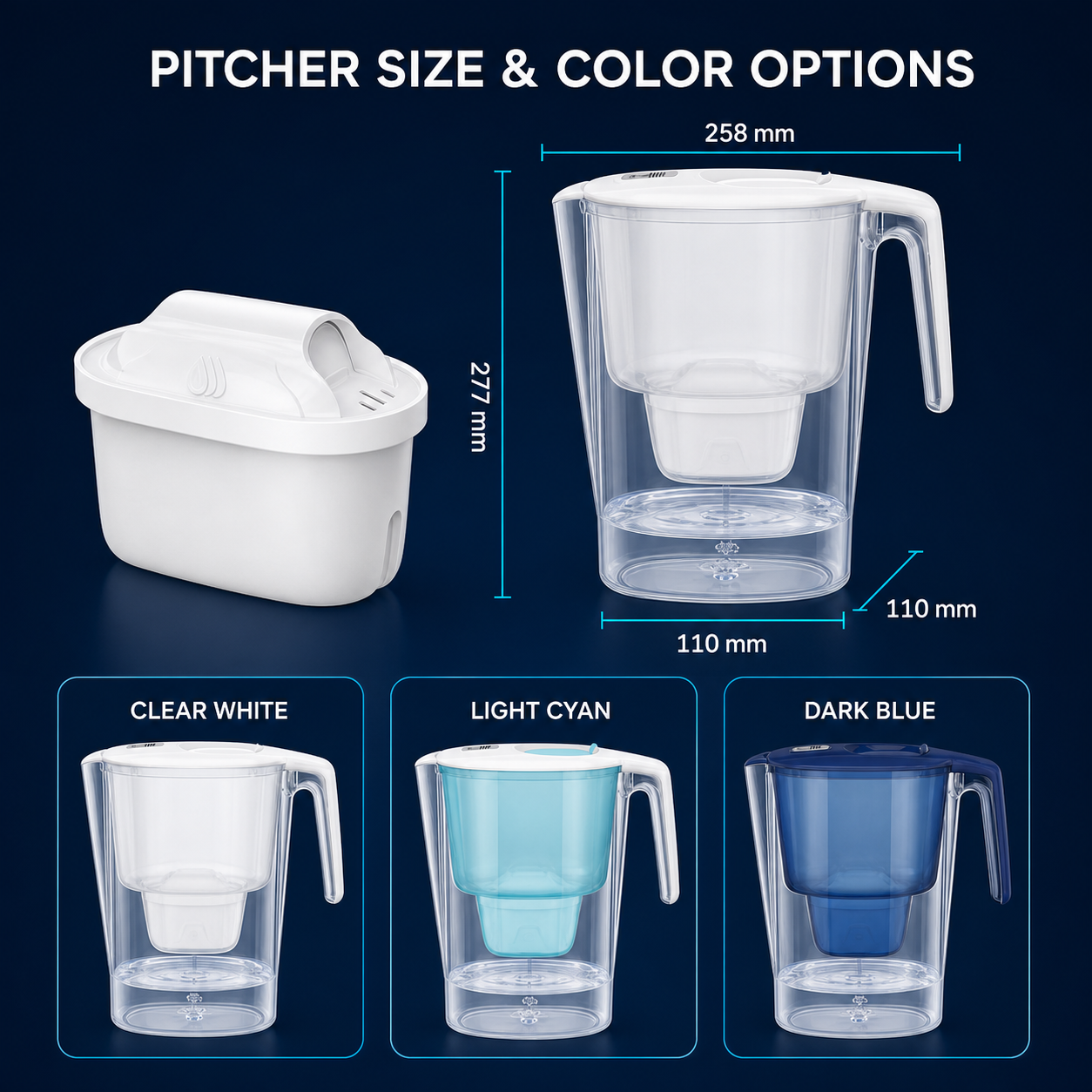 Water purifier pitcher dimensions and color options