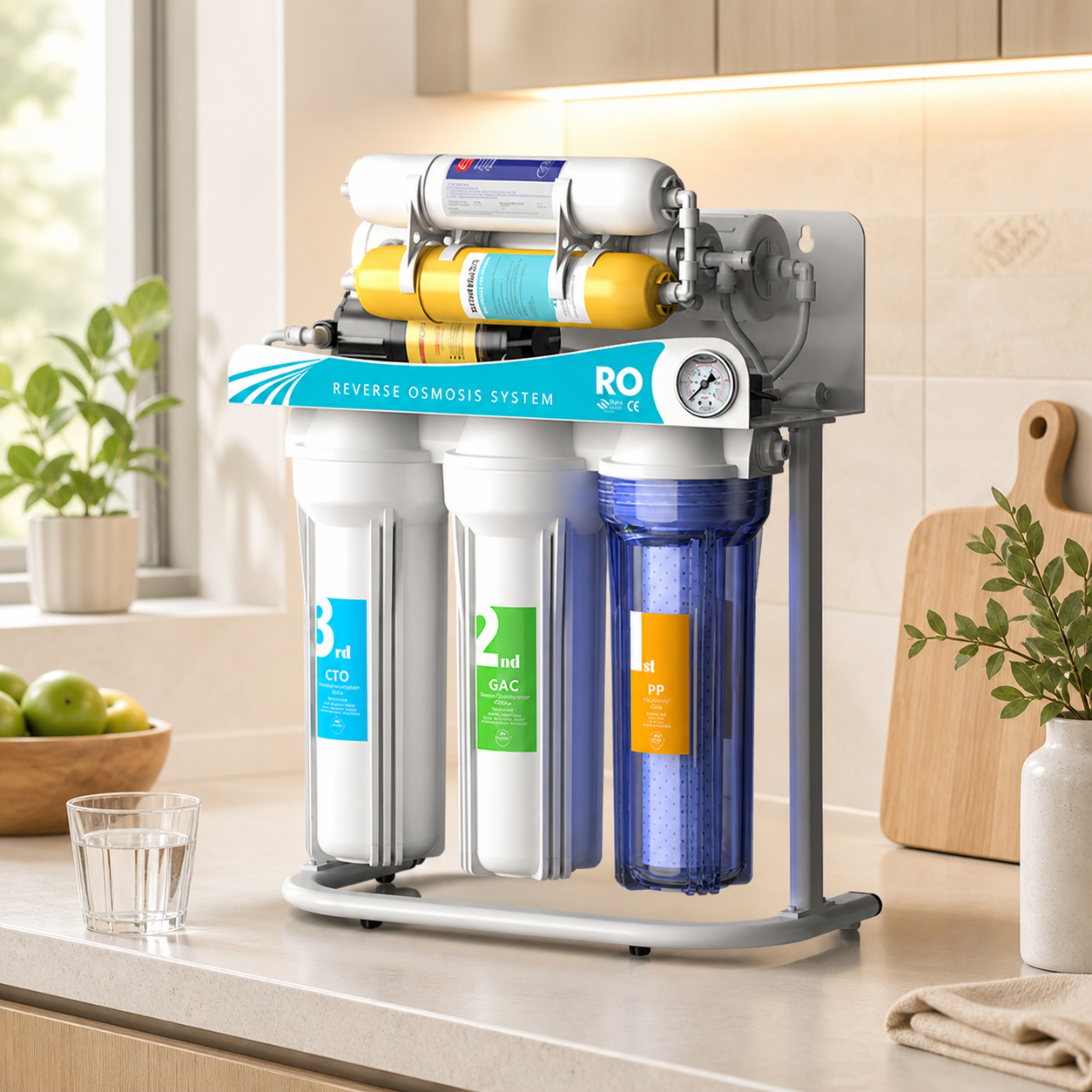 Residential reverse-osmosis purifier in a warm modern kitchen
