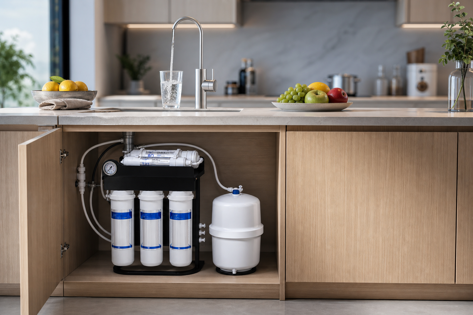 Residential RO water purifier installed beneath a kitchen sink