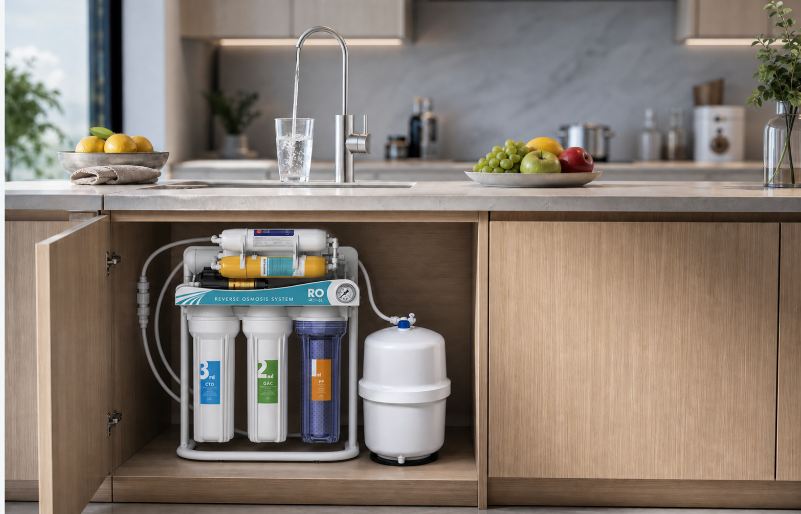 Residential reverse-osmosis purifier and storage tank installed inside a modern kitchen cabinet
