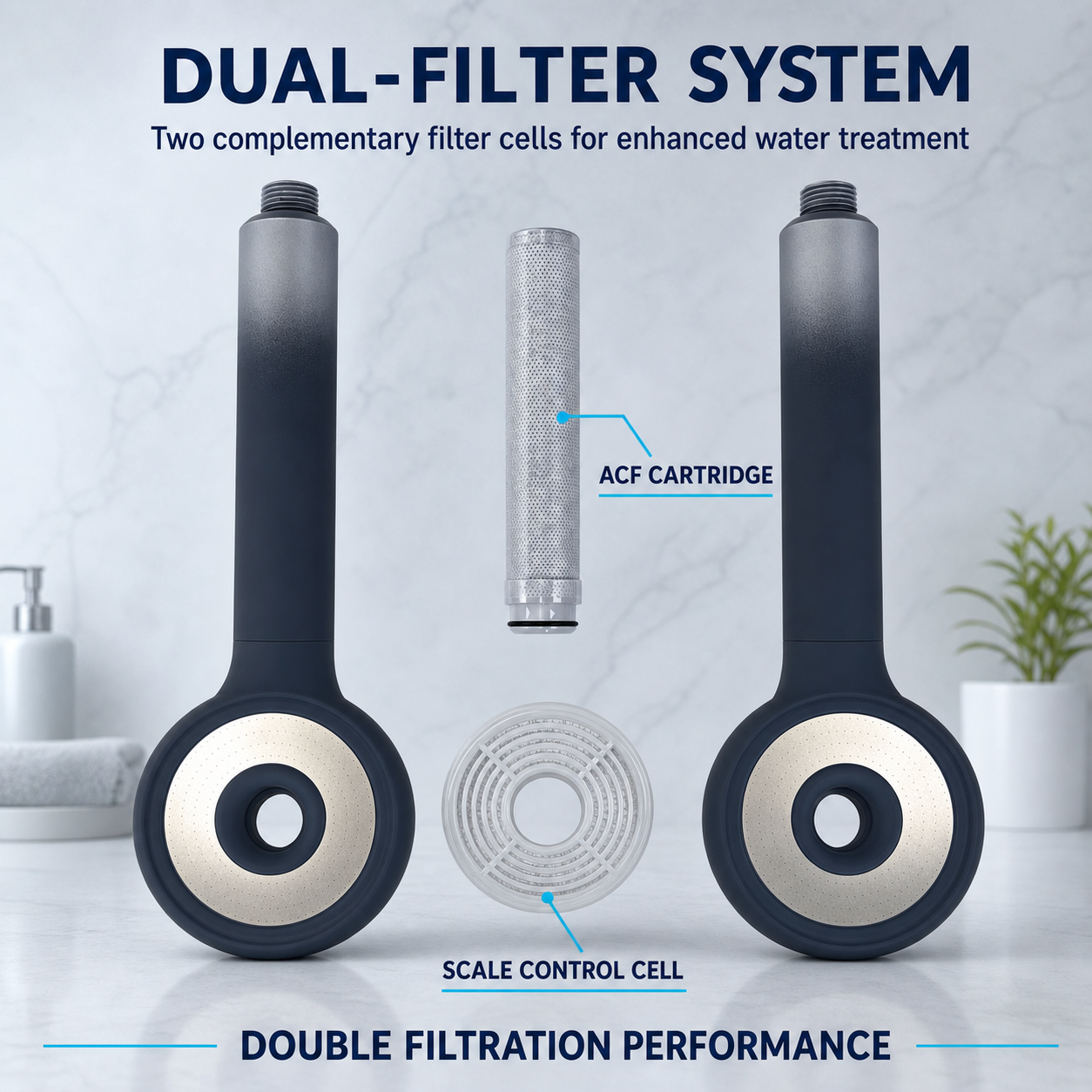 Dual-filter shower system with centered ACF and scale-control cells