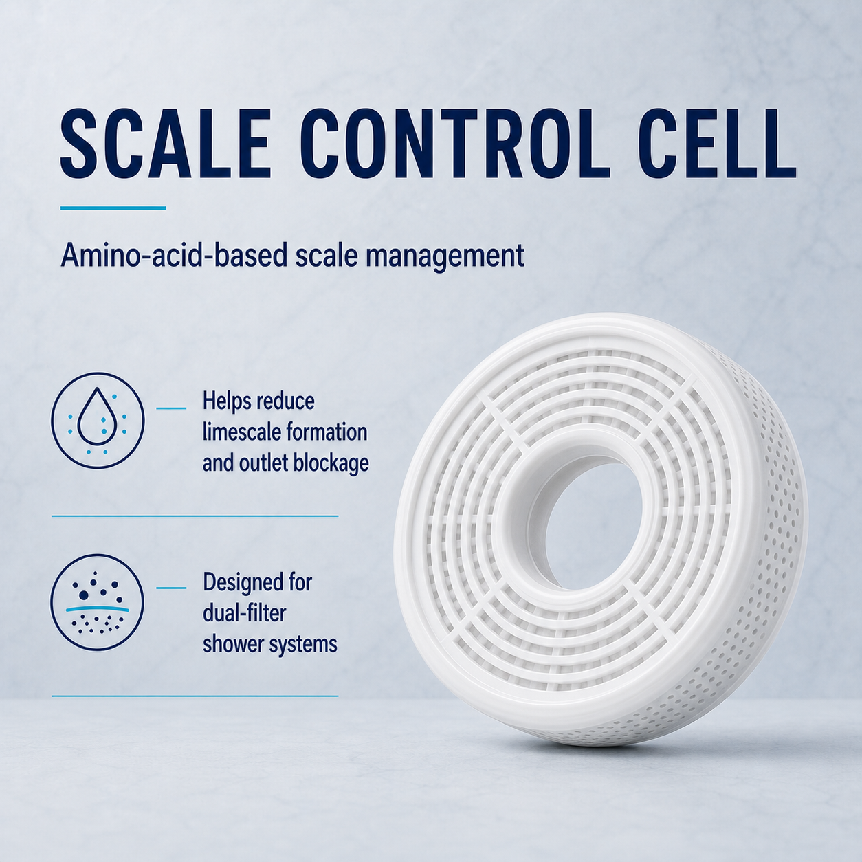 Amino-acid-based scale-control cell for dual-filter shower systems