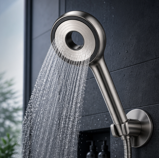 Four black and brushed-silver shower heads with filter cells