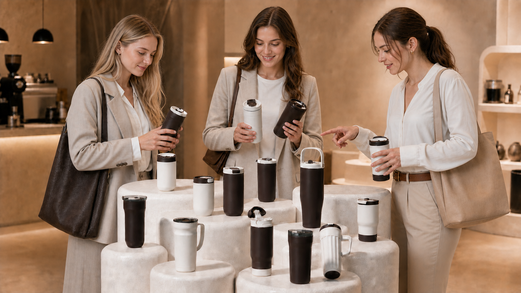Three young European professionals selecting premium coffee bottles