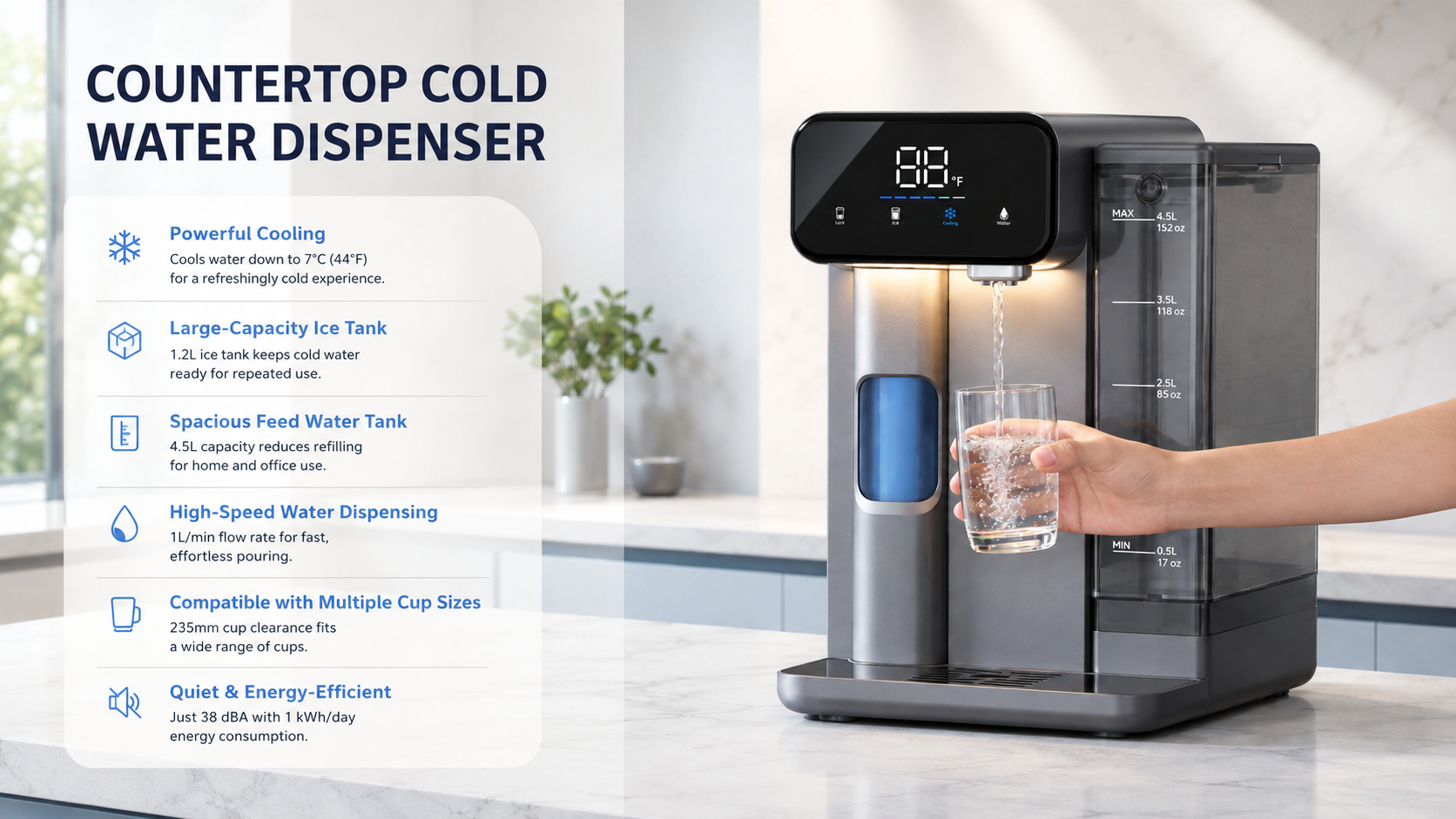Countertop cold water dispenser with 4.5 litre tank and electronic cooling