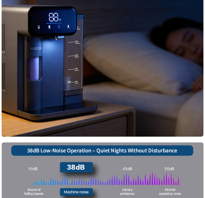 Countertop cold water dispenser operating quietly at night