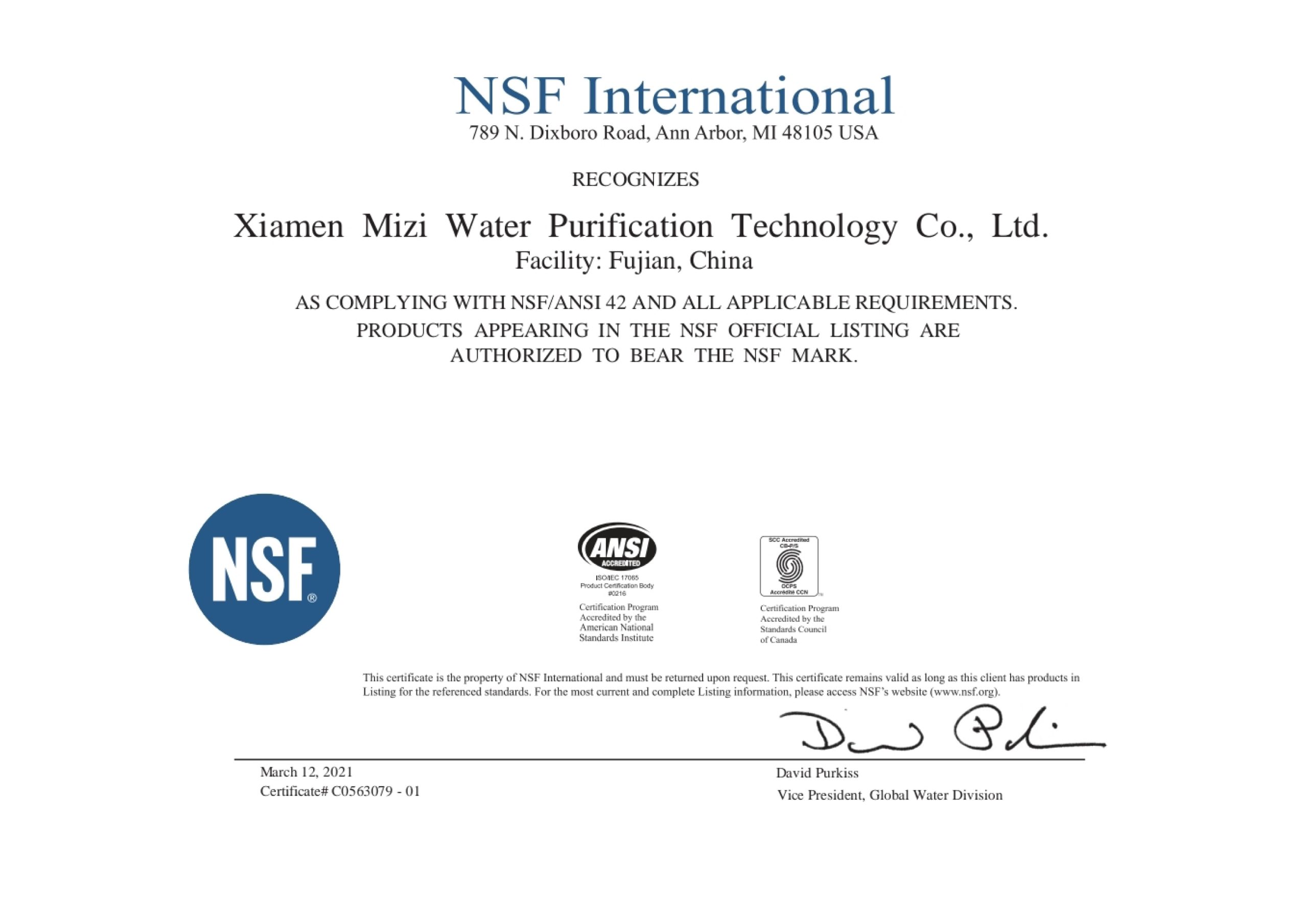 NSF/ANSI 42 Certificate — Xiamen Mizi Water Purification Technology Co., Ltd.