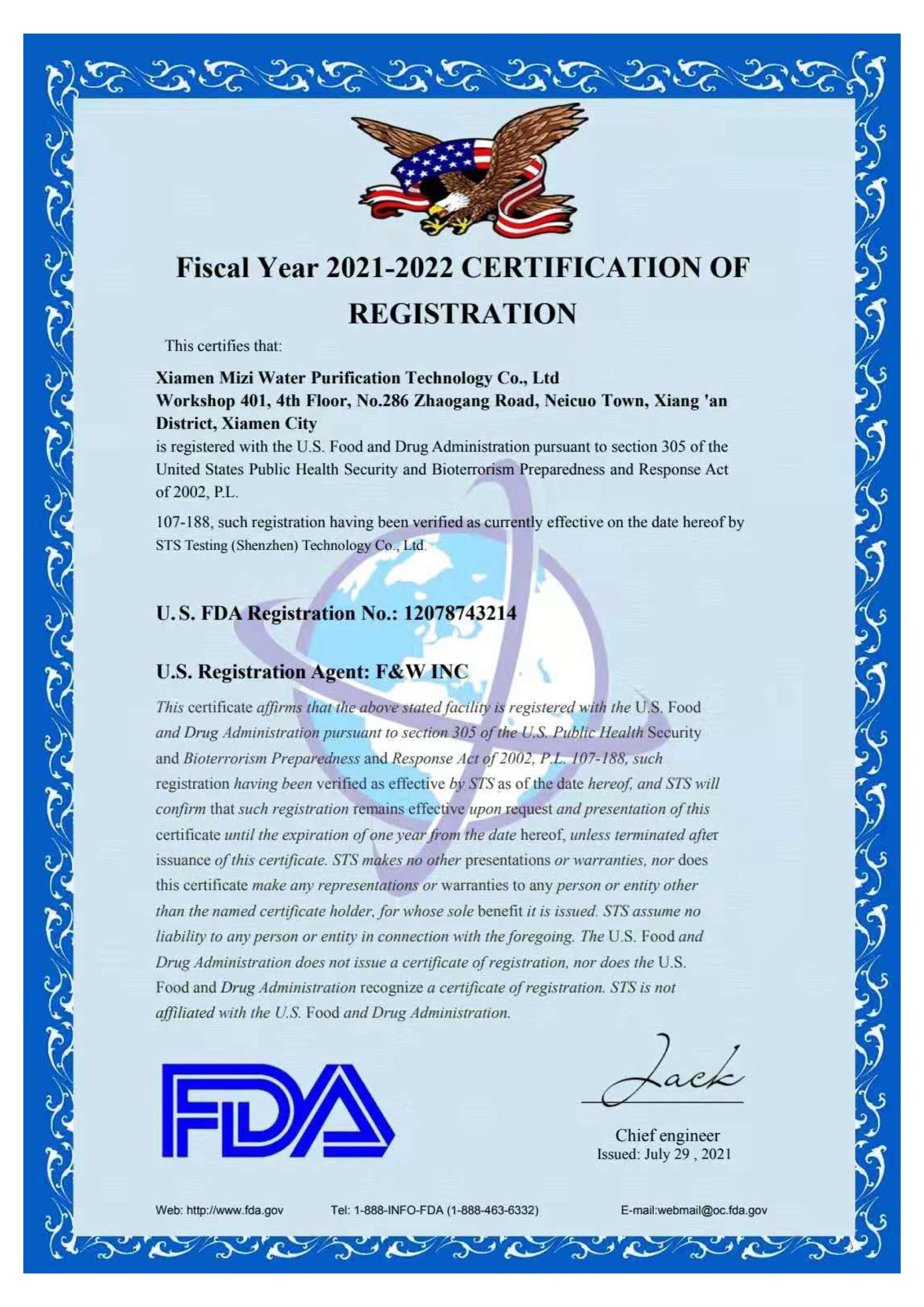 FDA Registration Documentation — Xiamen Mizi Water Purification Technology Co., Ltd.