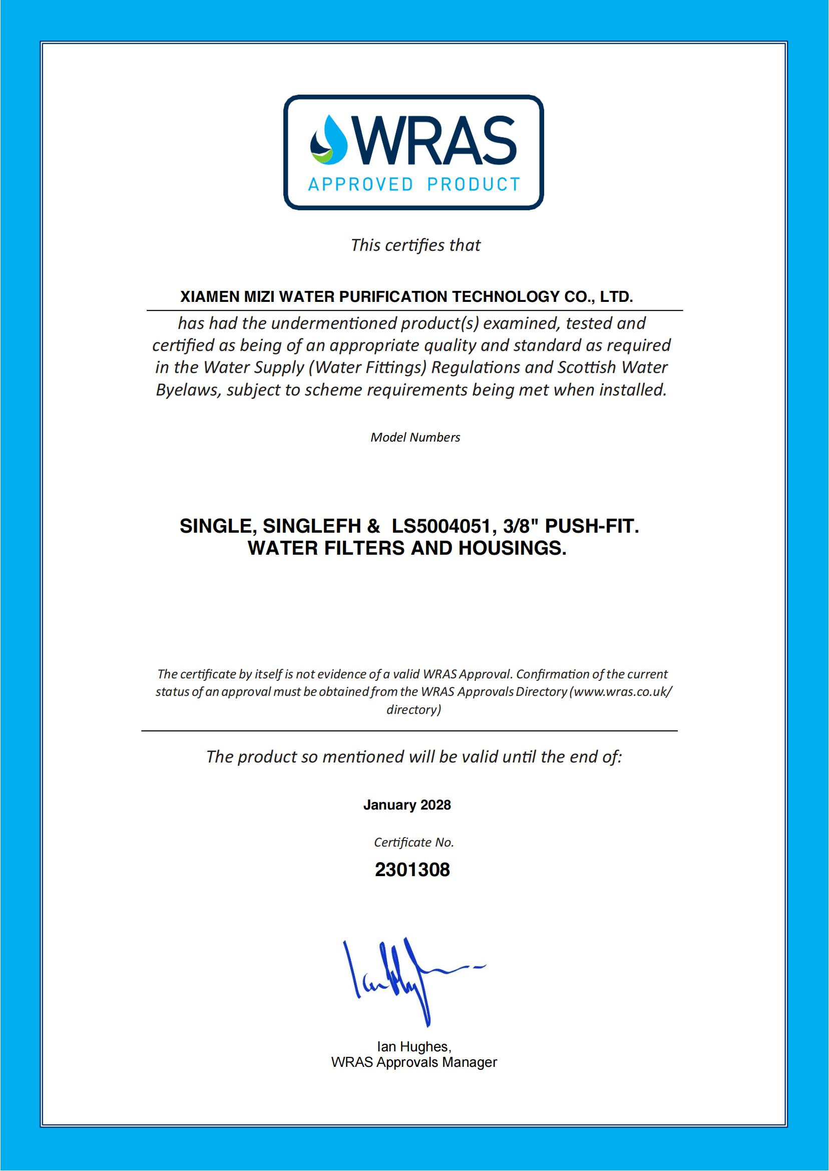 WRAS Approval Certificate — Xiamen Mizi Water Purification Technology Co., Ltd.