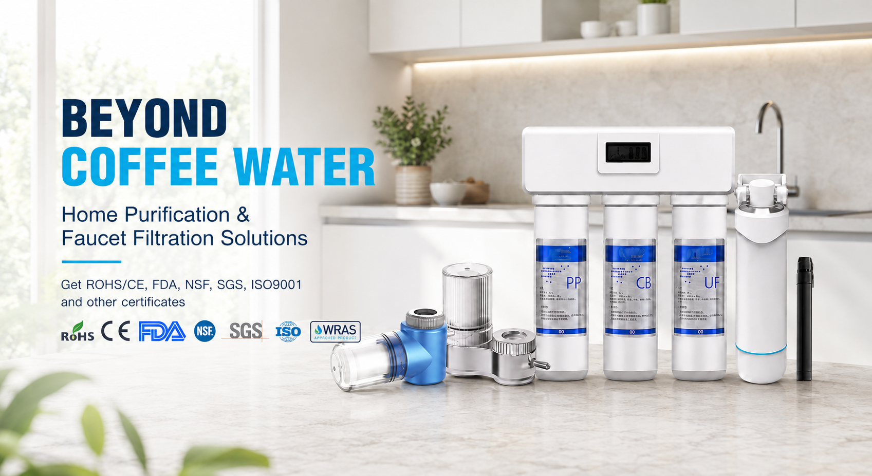 Home water purification and faucet filtration systems in a bright modern kitchen