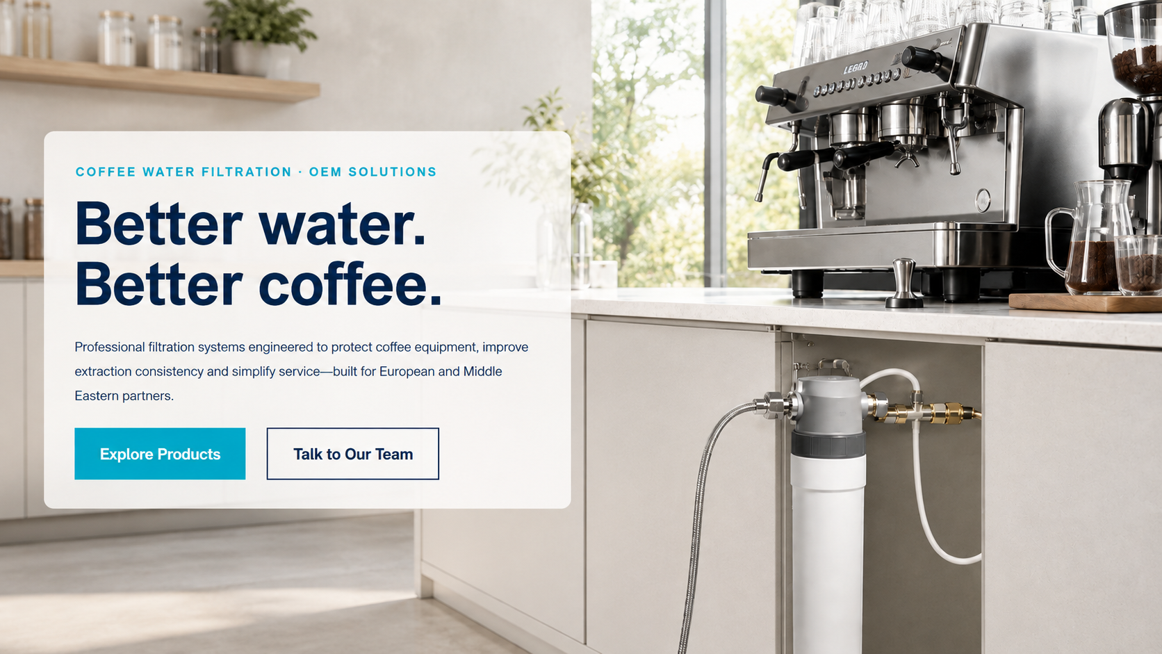 Bright modern coffee bar with espresso machine and Honlly Hydro water filtration system