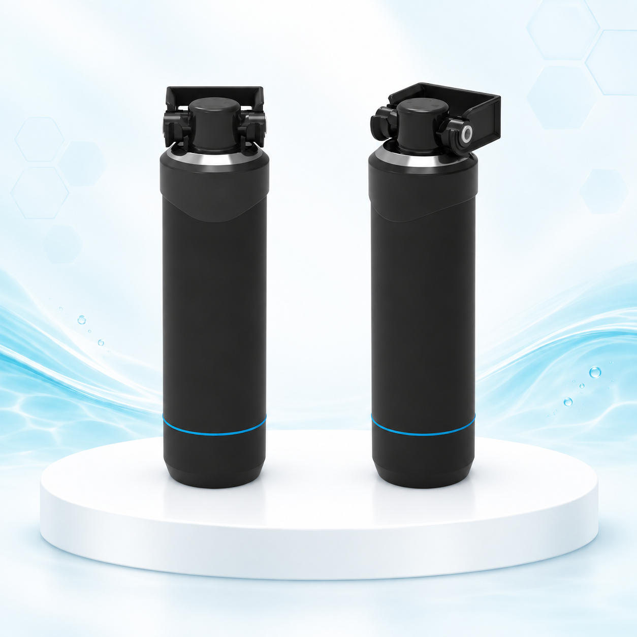 Alternative black undersink water filter housing design, two views