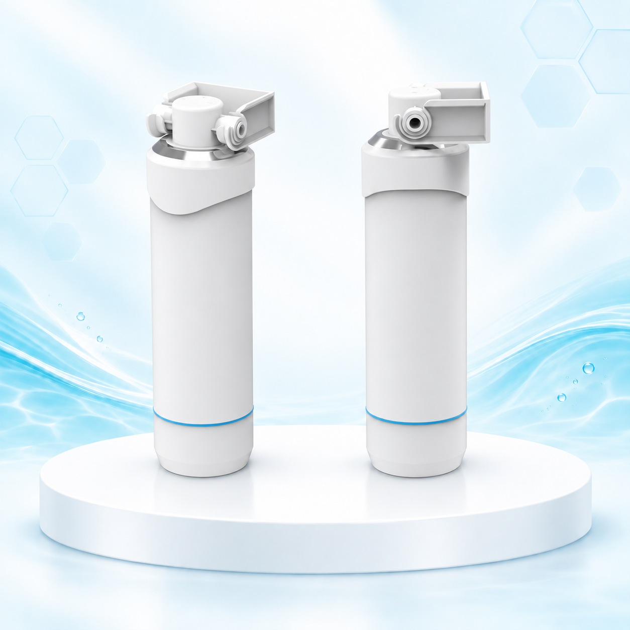 Alternative white undersink water filter housing design, two views