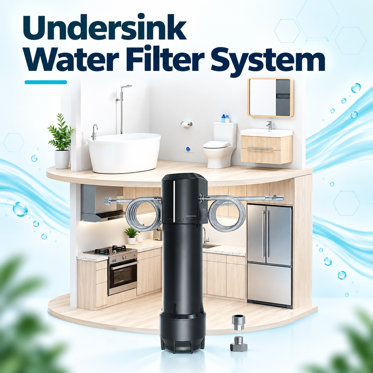 Undersink water filter system in home kitchen and bathroom settings