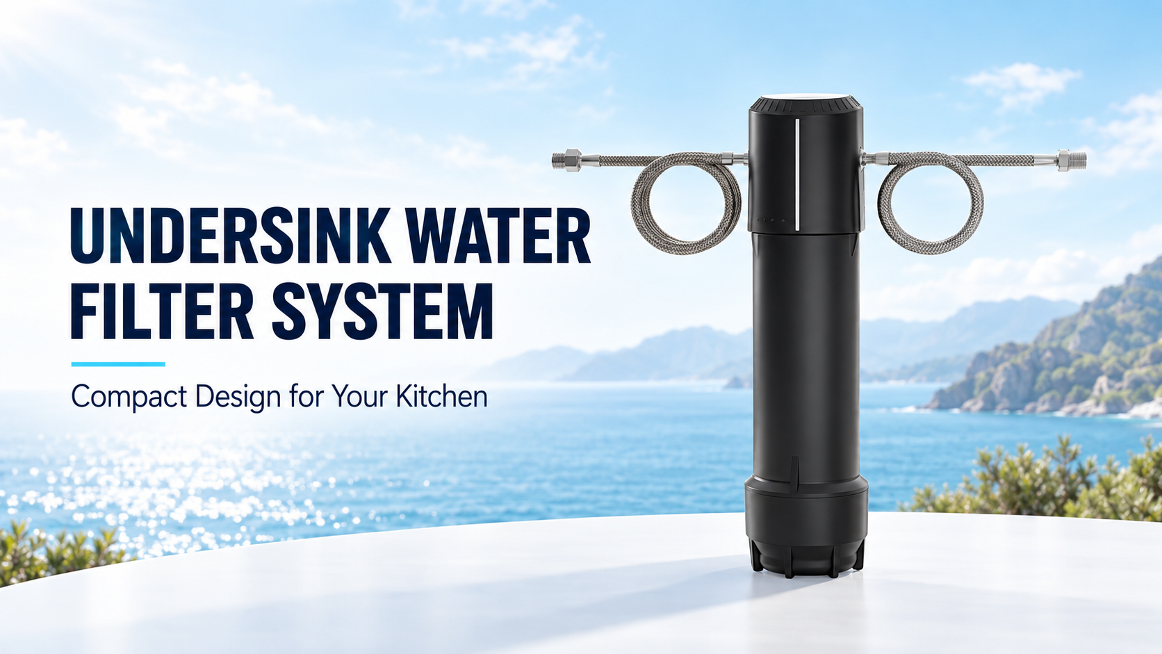 Undersink water filter system with black housing and stainless steel braided hoses