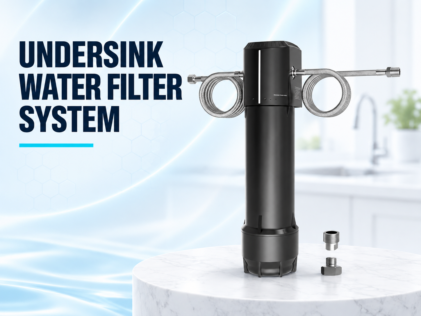 Undersink water filter system with black housing and braided stainless steel hoses