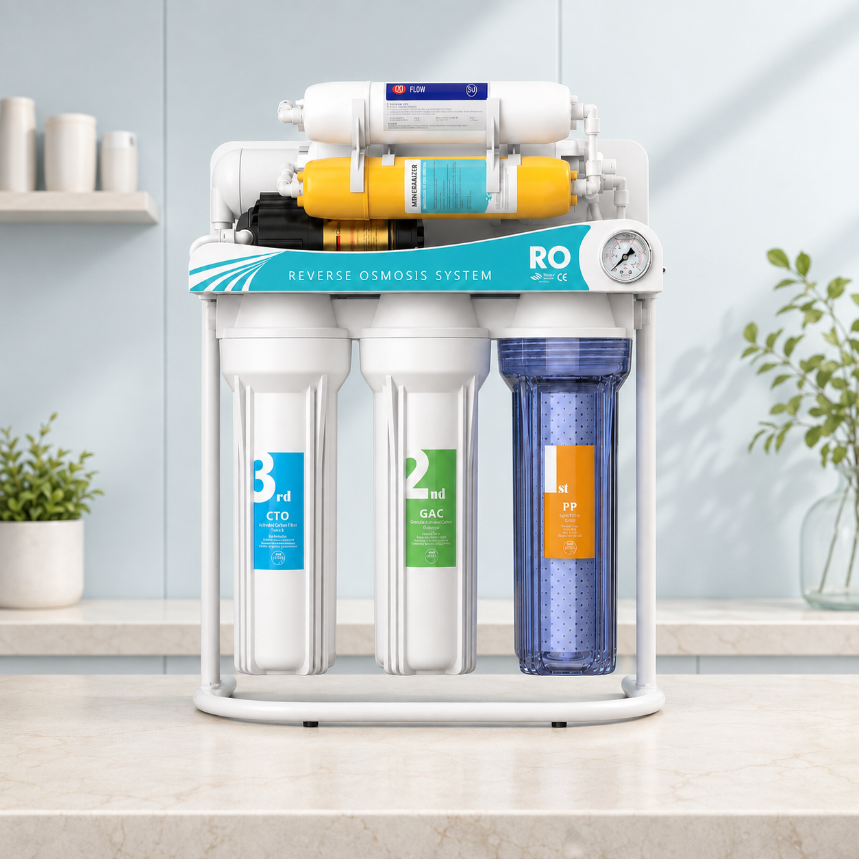 Residential reverse osmosis water purifier installed under a kitchen sink