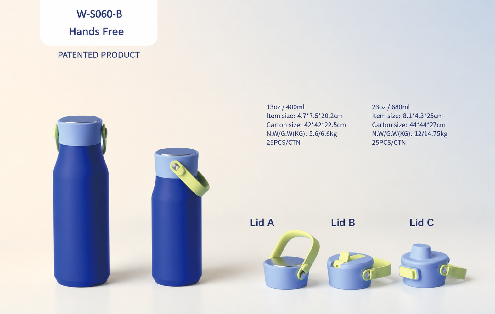 W-S060-B Hands Free sport bottle and three lid options