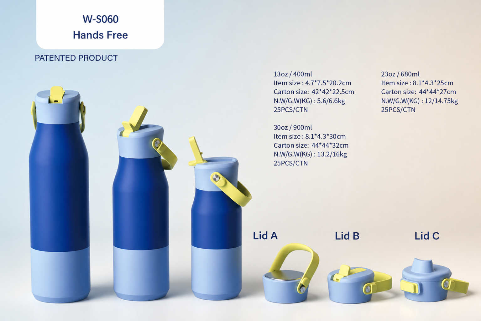 W-S060 Hands Free sport bottle sizes and lid options