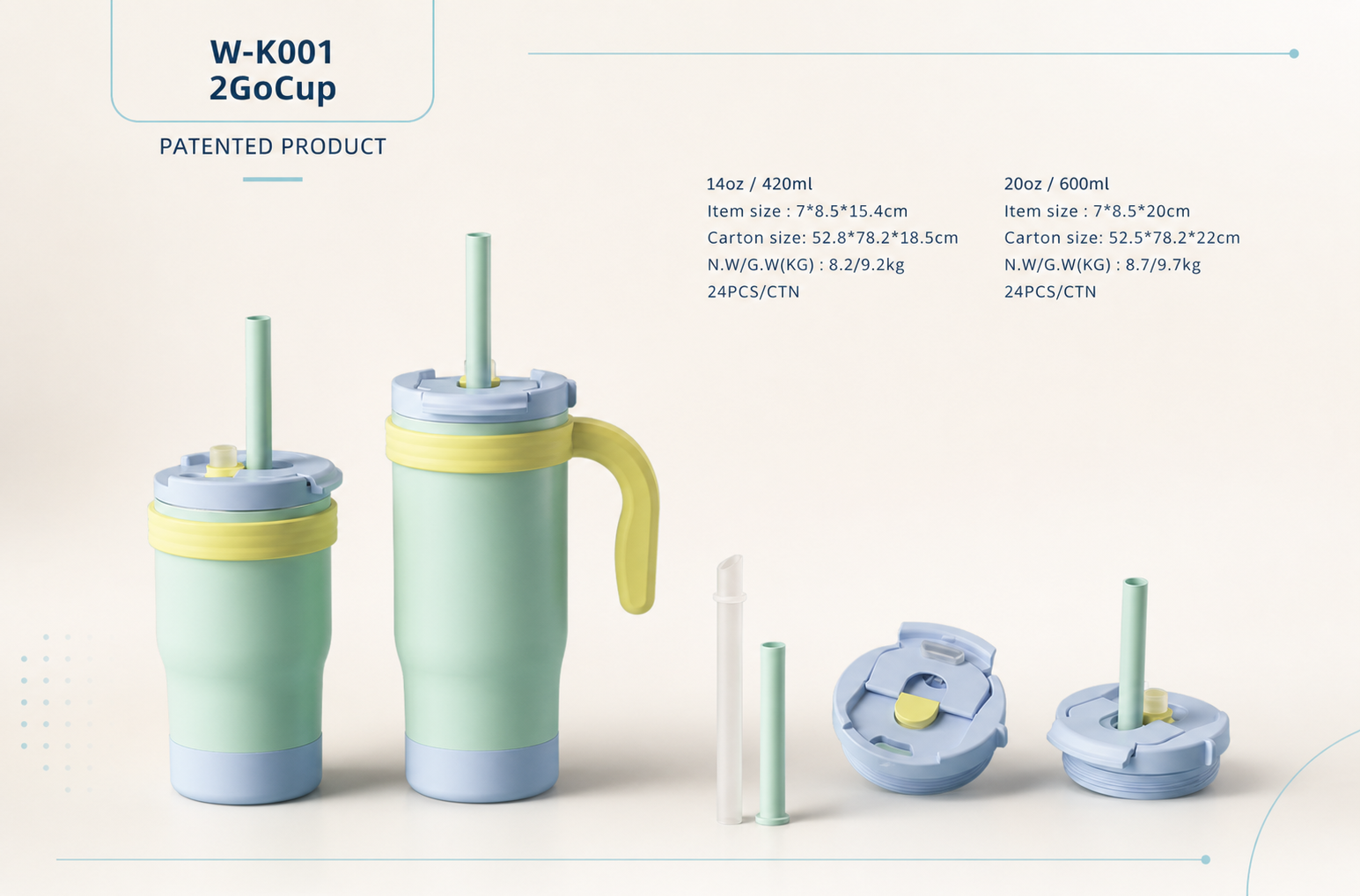 W-K001 2GoCup kids bottle sizes, straws and lid options