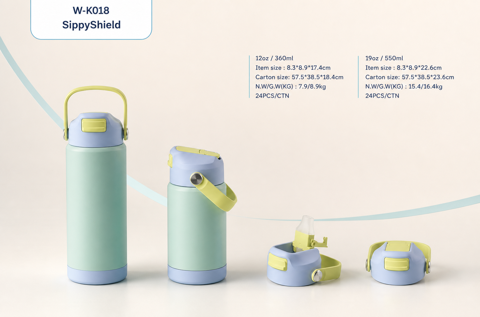 W-K006 Rainbow Kids bottle and three lid options