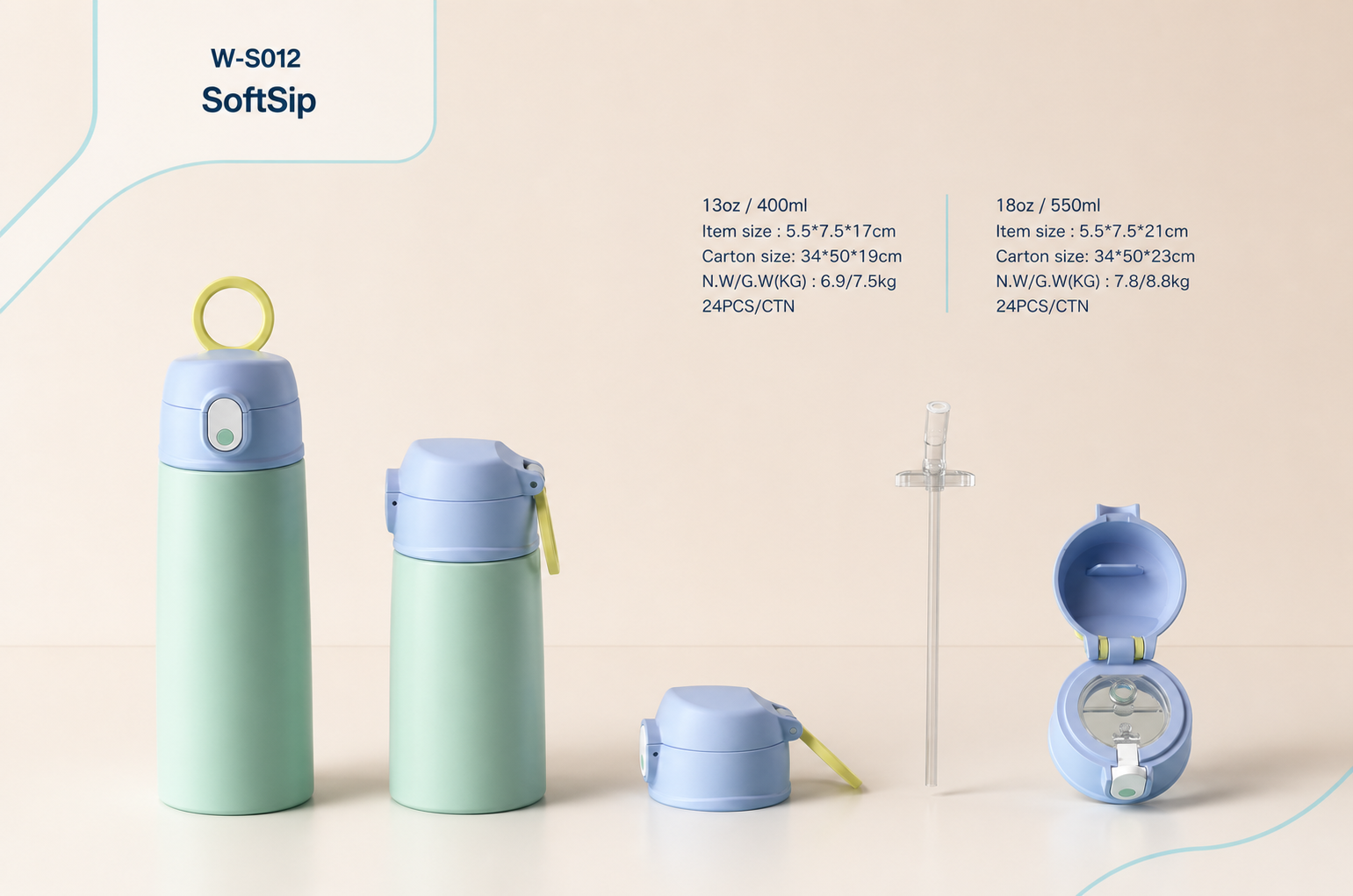 W-S012 SoftSip kids bottle sizes and internal straw design