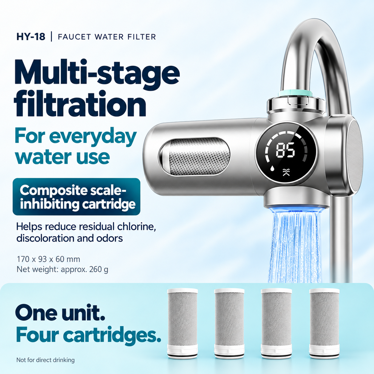HY-18 faucet water filter with digital display and four replacement cartridges; not for direct drinking
