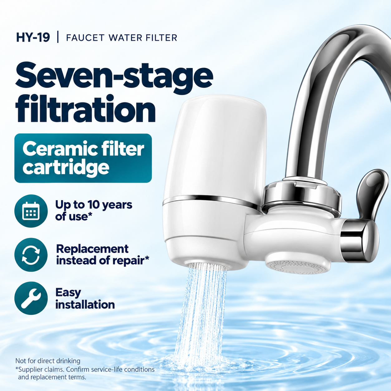 HY-19 ceramic faucet water filter with seven-stage filtration; not for direct drinking